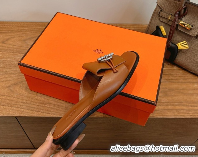 Charming Hermes Flat Slides Sandal in Calfskin Leather with Buckle Brown 2026 HS030401