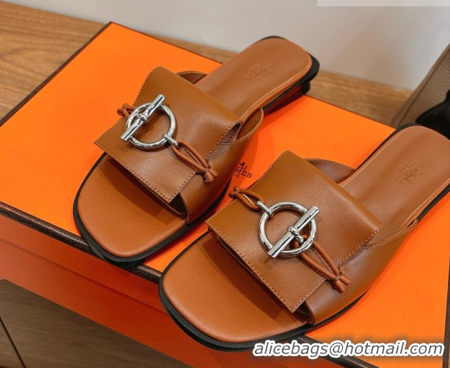Charming Hermes Flat Slides Sandal in Calfskin Leather with Buckle Brown 2026 HS030401
