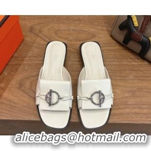 Unique Style Hermes Flat Slides Sandal in Calfskin Leather with Buckle White 2026 HS030401