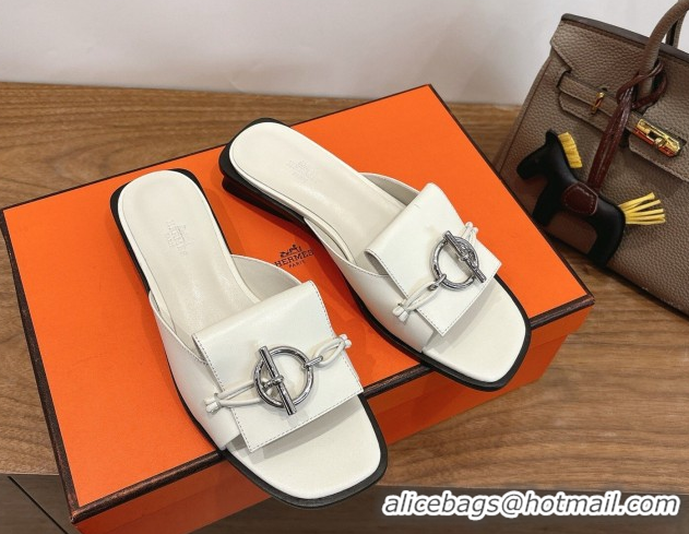 Unique Style Hermes Flat Slides Sandal in Calfskin Leather with Buckle White 2026 HS030401