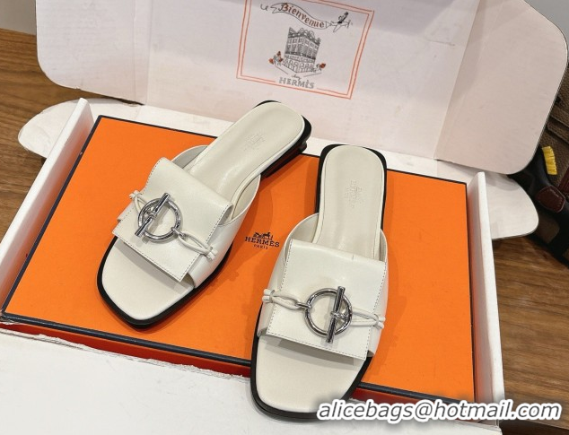 Unique Style Hermes Flat Slides Sandal in Calfskin Leather with Buckle White 2026 HS030401
