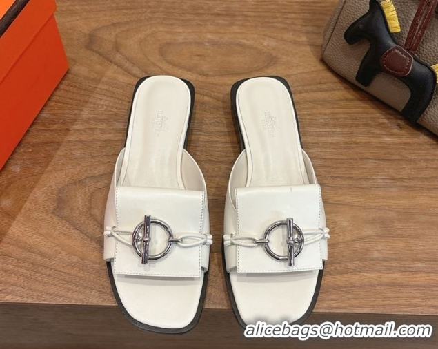 Unique Style Hermes Flat Slides Sandal in Calfskin Leather with Buckle White 2026 HS030401