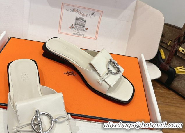 Unique Style Hermes Flat Slides Sandal in Calfskin Leather with Buckle White 2026 HS030401