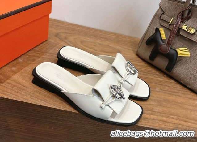 Unique Style Hermes Flat Slides Sandal in Calfskin Leather with Buckle White 2026 HS030401