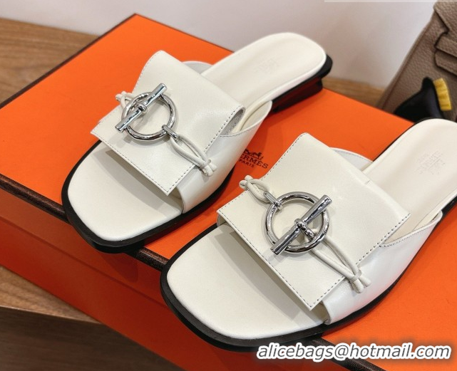 Unique Style Hermes Flat Slides Sandal in Calfskin Leather with Buckle White 2026 HS030401