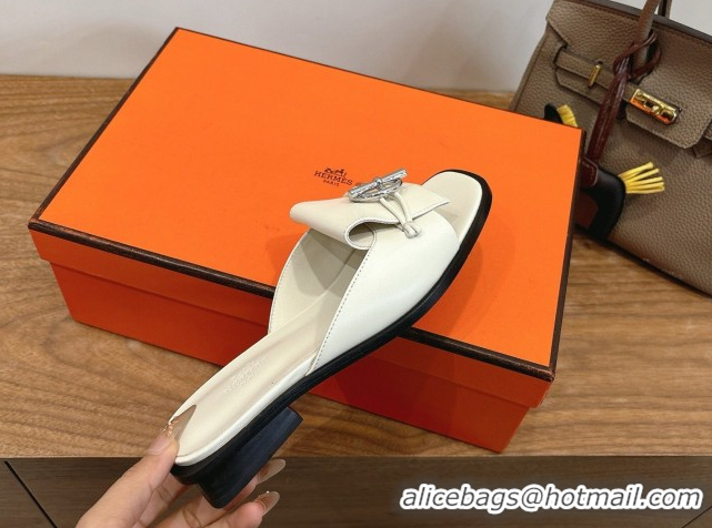 Unique Style Hermes Flat Slides Sandal in Calfskin Leather with Buckle White 2026 HS030401