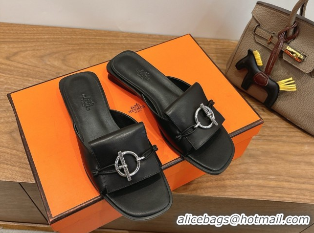 Good Quality Hermes Flat Slides Sandal in Calfskin Leather with Buckle Black 2026 HS030401