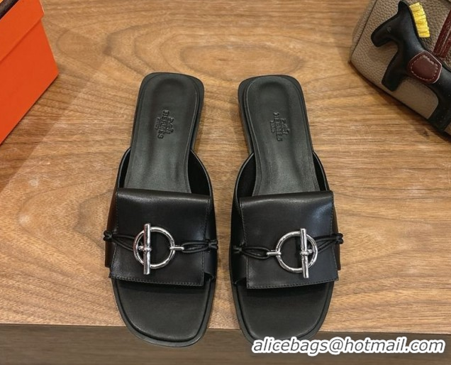 Good Quality Hermes Flat Slides Sandal in Calfskin Leather with Buckle Black 2026 HS030401