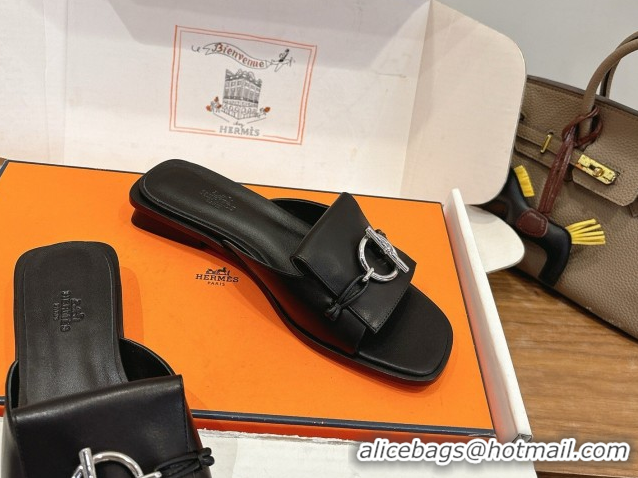 Good Quality Hermes Flat Slides Sandal in Calfskin Leather with Buckle Black 2026 HS030401
