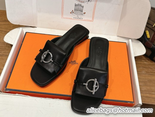 Good Quality Hermes Flat Slides Sandal in Calfskin Leather with Buckle Black 2026 HS030401