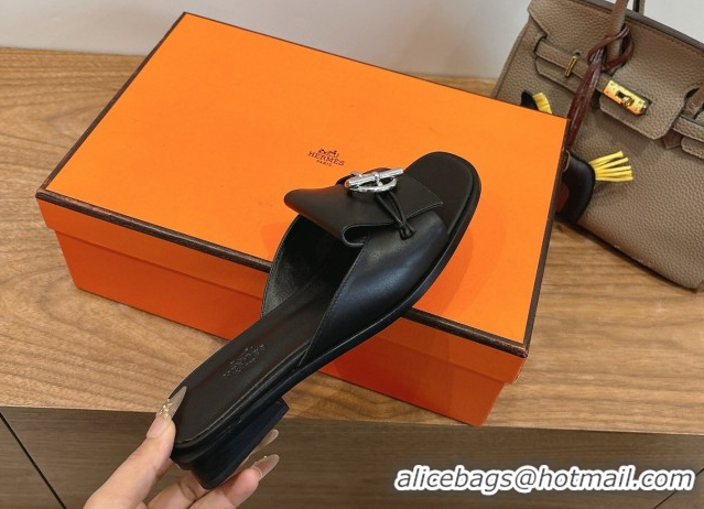 Good Quality Hermes Flat Slides Sandal in Calfskin Leather with Buckle Black 2026 HS030401