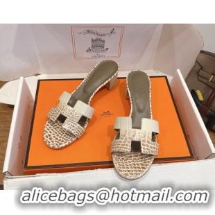 Top Grade Hermes Oasis Classic Heel Slides Sandal 4.5cm in Crocodile Embossed Leather White/Brown 2026 0304031