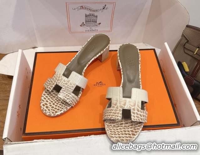 Top Grade Hermes Oasis Classic Heel Slides Sandal 4.5cm in Crocodile Embossed Leather White/Brown 2026 0304031