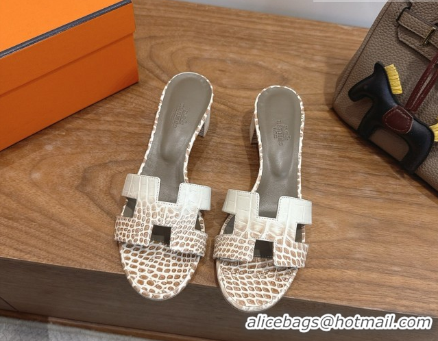 Top Grade Hermes Oasis Classic Heel Slides Sandal 4.5cm in Crocodile Embossed Leather White/Brown 2026 0304031