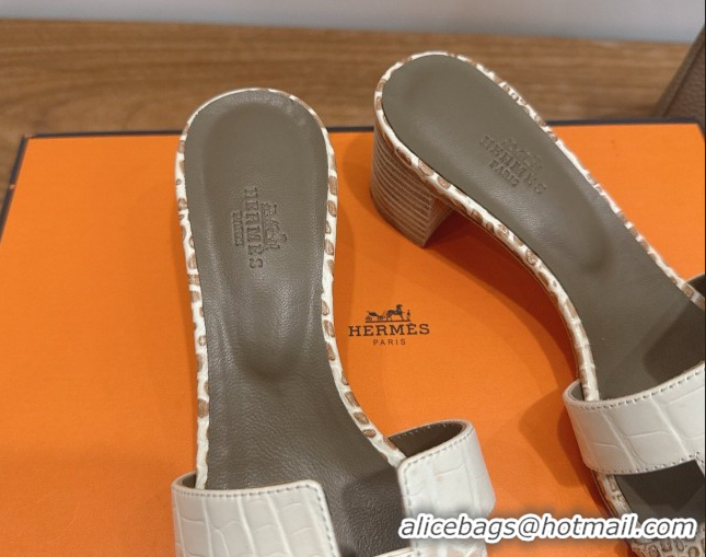 Top Grade Hermes Oasis Classic Heel Slides Sandal 4.5cm in Crocodile Embossed Leather White/Brown 2026 0304031