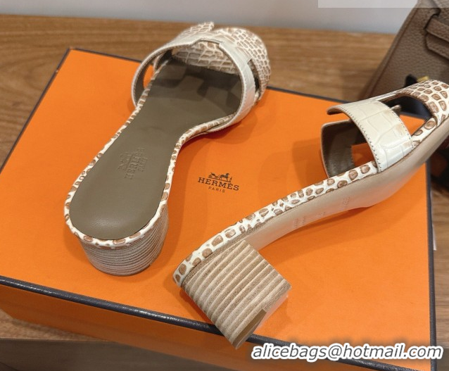 Top Grade Hermes Oasis Classic Heel Slides Sandal 4.5cm in Crocodile Embossed Leather White/Brown 2026 0304031