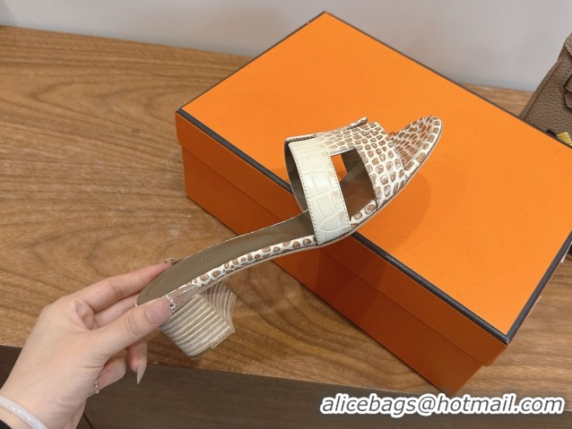 Top Grade Hermes Oasis Classic Heel Slides Sandal 4.5cm in Crocodile Embossed Leather White/Brown 2026 0304031