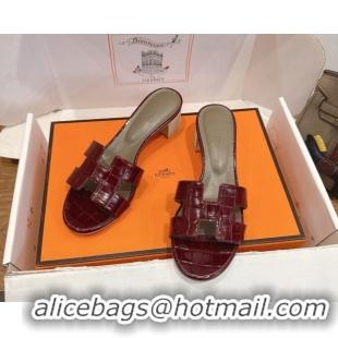 Best Grade Hermes Oasis Classic Heel Slides Sandal 4.5cm in Crocodile Embossed Leather Burgundy 2026 0304042