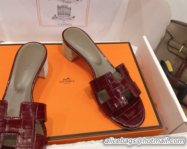Best Grade Hermes Oasis Classic Heel Slides Sandal 4.5cm in Crocodile Embossed Leather Burgundy 2026 0304042