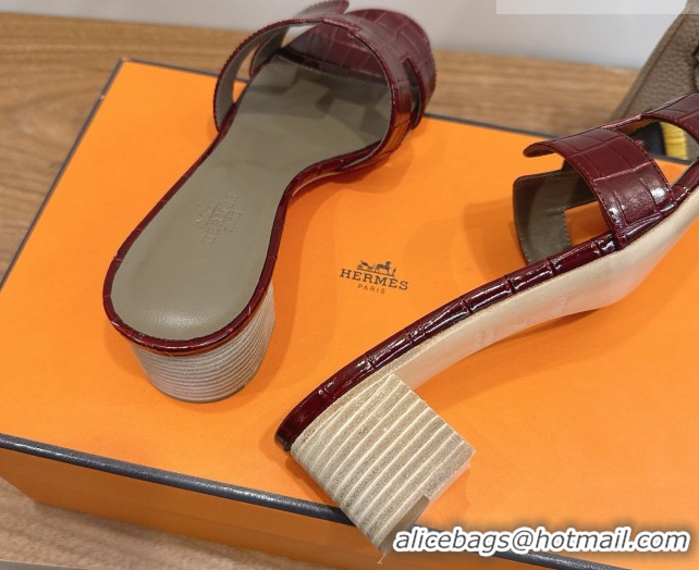 Best Grade Hermes Oasis Classic Heel Slides Sandal 4.5cm in Crocodile Embossed Leather Burgundy 2026 0304042