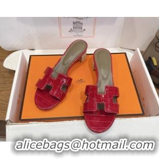 Top Design Hermes Oasis Classic Heel Slides Sandal 4.5cm in Crocodile Embossed Leather Red 2026 0304043