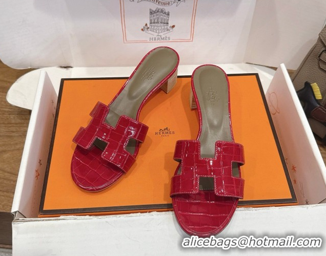 Top Design Hermes Oasis Classic Heel Slides Sandal 4.5cm in Crocodile Embossed Leather Red 2026 0304043