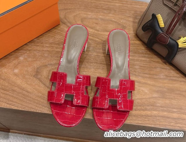 Top Design Hermes Oasis Classic Heel Slides Sandal 4.5cm in Crocodile Embossed Leather Red 2026 0304043