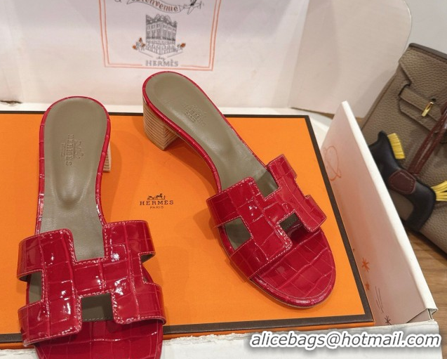 Top Design Hermes Oasis Classic Heel Slides Sandal 4.5cm in Crocodile Embossed Leather Red 2026 0304043