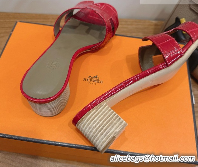 Top Design Hermes Oasis Classic Heel Slides Sandal 4.5cm in Crocodile Embossed Leather Red 2026 0304043