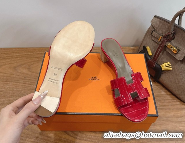 Top Design Hermes Oasis Classic Heel Slides Sandal 4.5cm in Crocodile Embossed Leather Red 2026 0304043