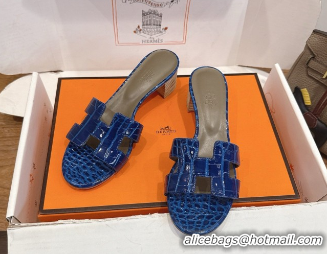 Durable Hermes Oasis Classic Heel Slides Sandal 4.5cm in Crocodile Embossed Leather Blue 0304032