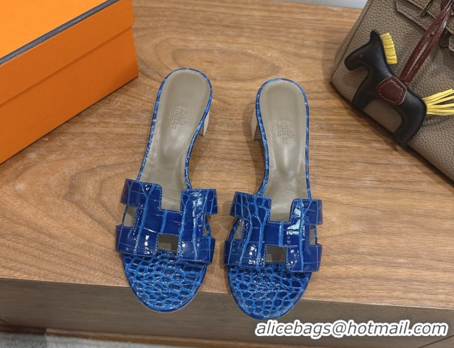 Durable Hermes Oasis Classic Heel Slides Sandal 4.5cm in Crocodile Embossed Leather Blue 0304032