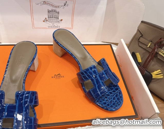 Durable Hermes Oasis Classic Heel Slides Sandal 4.5cm in Crocodile Embossed Leather Blue 0304032