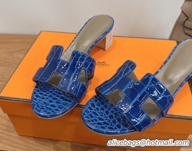 Durable Hermes Oasis Classic Heel Slides Sandal 4.5cm in Crocodile Embossed Leather Blue 0304032