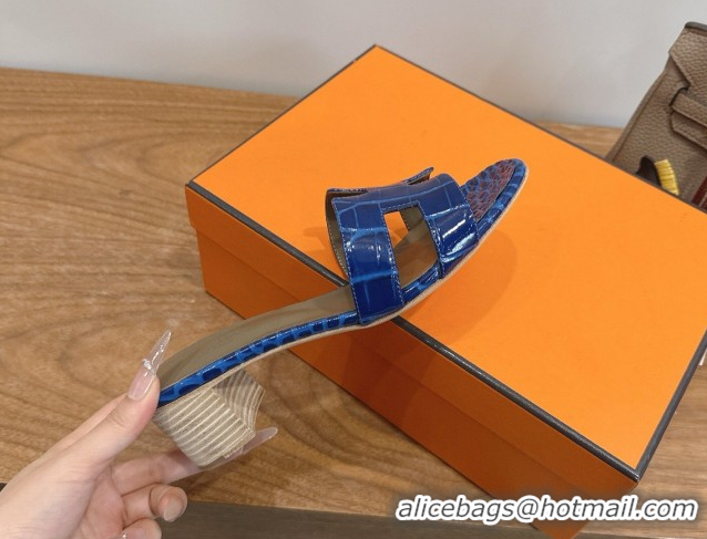Durable Hermes Oasis Classic Heel Slides Sandal 4.5cm in Crocodile Embossed Leather Blue 0304032