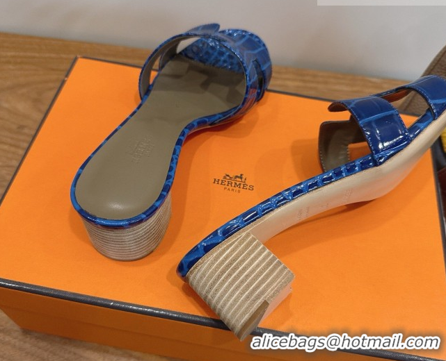 Durable Hermes Oasis Classic Heel Slides Sandal 4.5cm in Crocodile Embossed Leather Blue 0304032