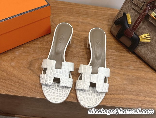 Low Cost Hermes Oasis Classic Heel Slides Sandal 4.5cm in Crocodile Embossed Leather White/Grey 0304033