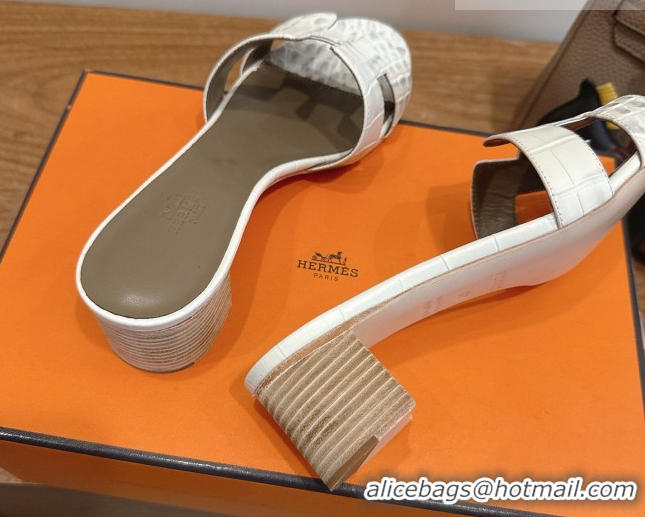 Low Cost Hermes Oasis Classic Heel Slides Sandal 4.5cm in Crocodile Embossed Leather White/Grey 0304033