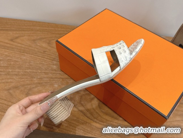 Low Cost Hermes Oasis Classic Heel Slides Sandal 4.5cm in Crocodile Embossed Leather White/Grey 0304033