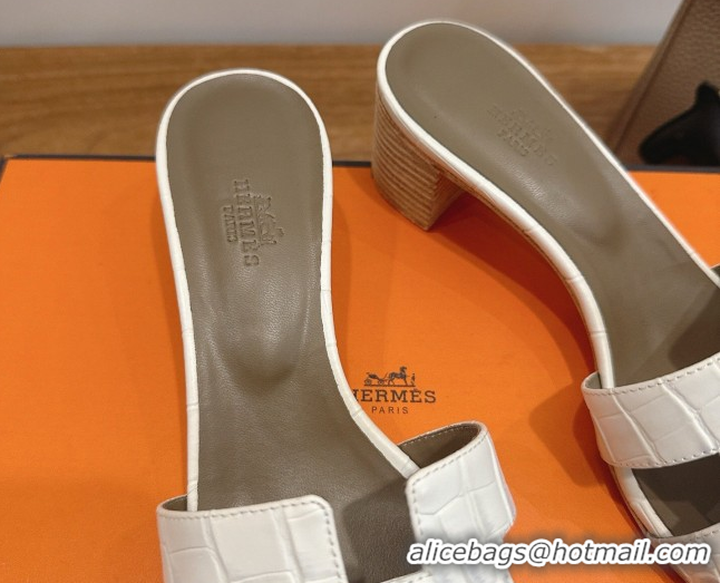 Low Cost Hermes Oasis Classic Heel Slides Sandal 4.5cm in Crocodile Embossed Leather White/Grey 0304033