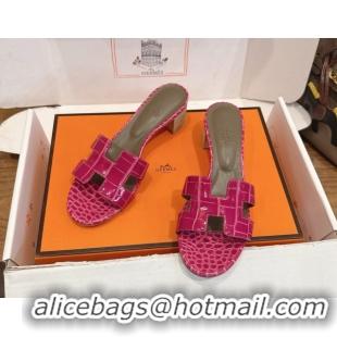 Luxurious Hermes Oasis Classic Heel Slides Sandal 4.5cm in Crocodile Embossed Leather Dark Pink 0304033