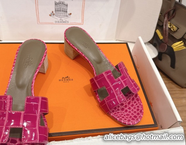 Luxurious Hermes Oasis Classic Heel Slides Sandal 4.5cm in Crocodile Embossed Leather Dark Pink 0304033