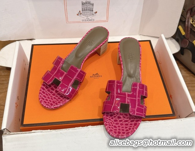 Luxurious Hermes Oasis Classic Heel Slides Sandal 4.5cm in Crocodile Embossed Leather Dark Pink 0304033