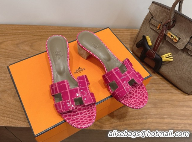 Luxurious Hermes Oasis Classic Heel Slides Sandal 4.5cm in Crocodile Embossed Leather Dark Pink 0304033