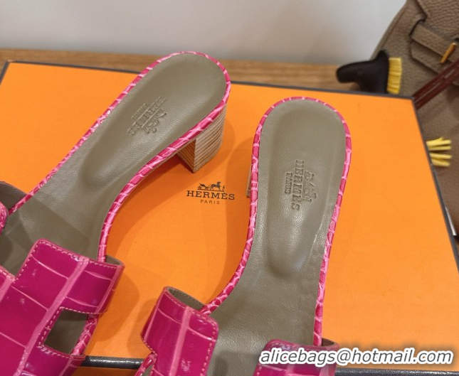 Luxurious Hermes Oasis Classic Heel Slides Sandal 4.5cm in Crocodile Embossed Leather Dark Pink 0304033