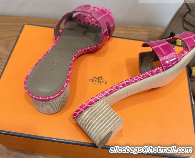 Luxurious Hermes Oasis Classic Heel Slides Sandal 4.5cm in Crocodile Embossed Leather Dark Pink 0304033