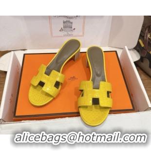 Shop Duplicate Hermes Oasis Classic Heel Slides Sandal 4.5cm in Crocodile Embossed Leather Yellow 0304035