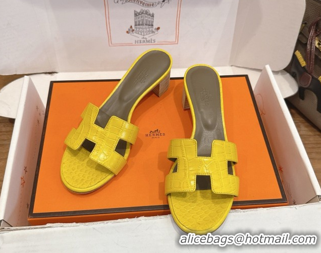 Shop Duplicate Hermes Oasis Classic Heel Slides Sandal 4.5cm in Crocodile Embossed Leather Yellow 0304035