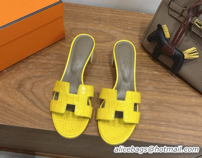 Shop Duplicate Hermes Oasis Classic Heel Slides Sandal 4.5cm in Crocodile Embossed Leather Yellow 0304035