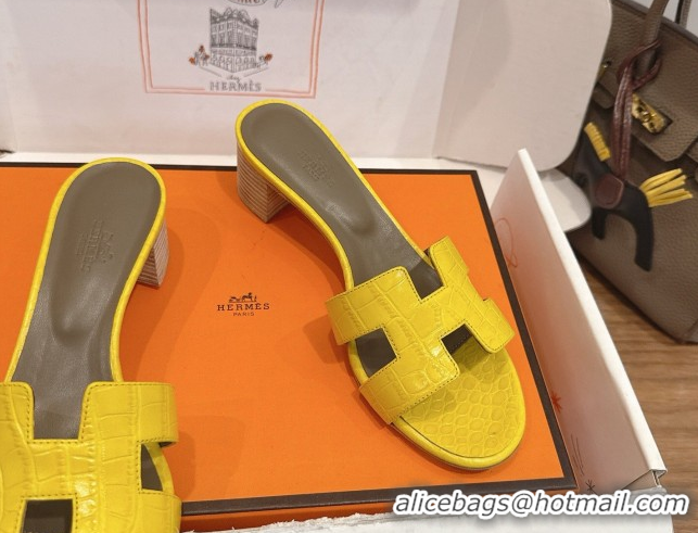 Shop Duplicate Hermes Oasis Classic Heel Slides Sandal 4.5cm in Crocodile Embossed Leather Yellow 0304035